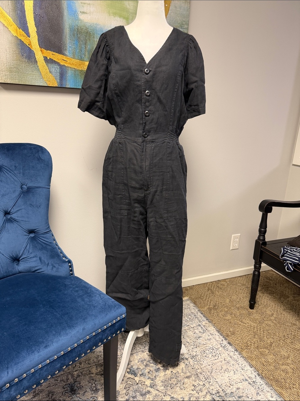 Joie Black Button-Front Linen Jumpsuit with Puff Sleeves